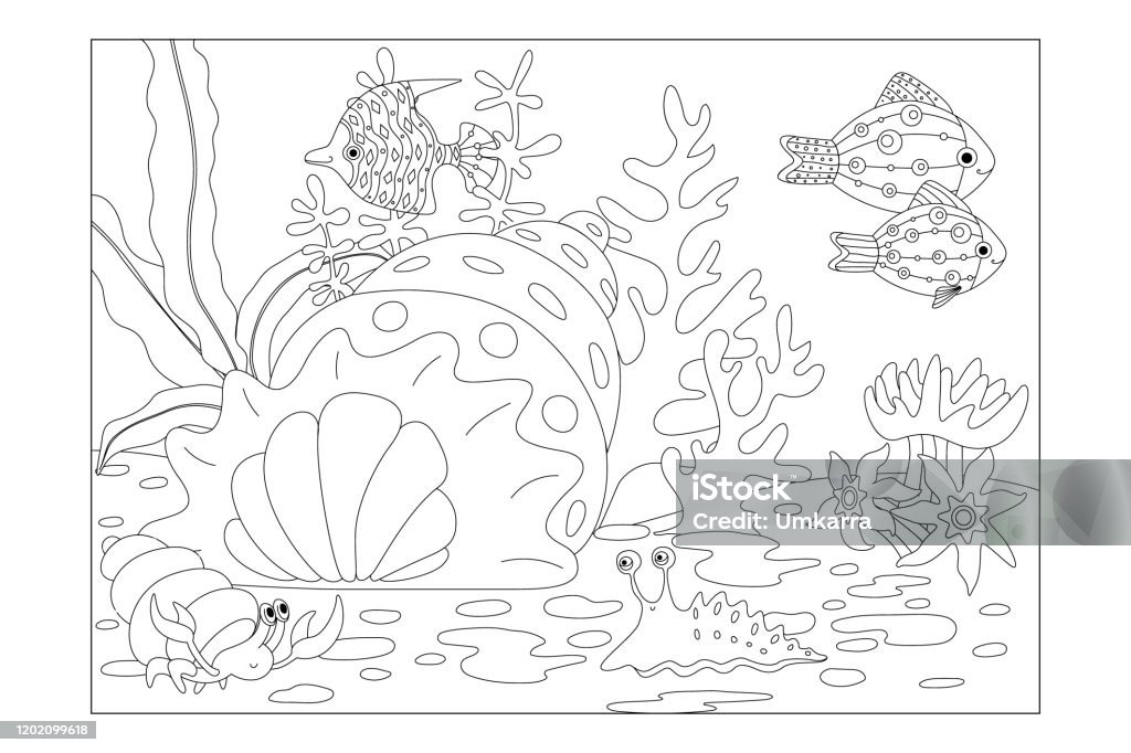 Coloring sheet for children underwater landscape with a house in the form of a shell and decorative fish poster vector stock illustration