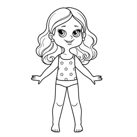 Cute cartoon girl dressed in underwear and barefoot outline for coloring on a white background