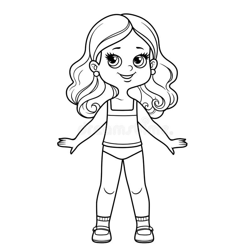 Cute cartoon girl dressed in underwear outline for coloring on a white stock illustration