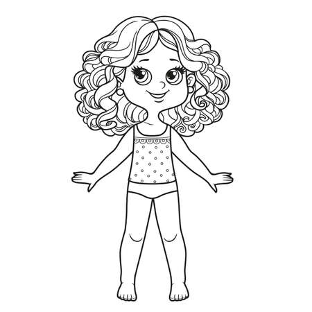 Cute curly haired cartoon girl dressed in underwear and barefoot outline for coloring on a white background