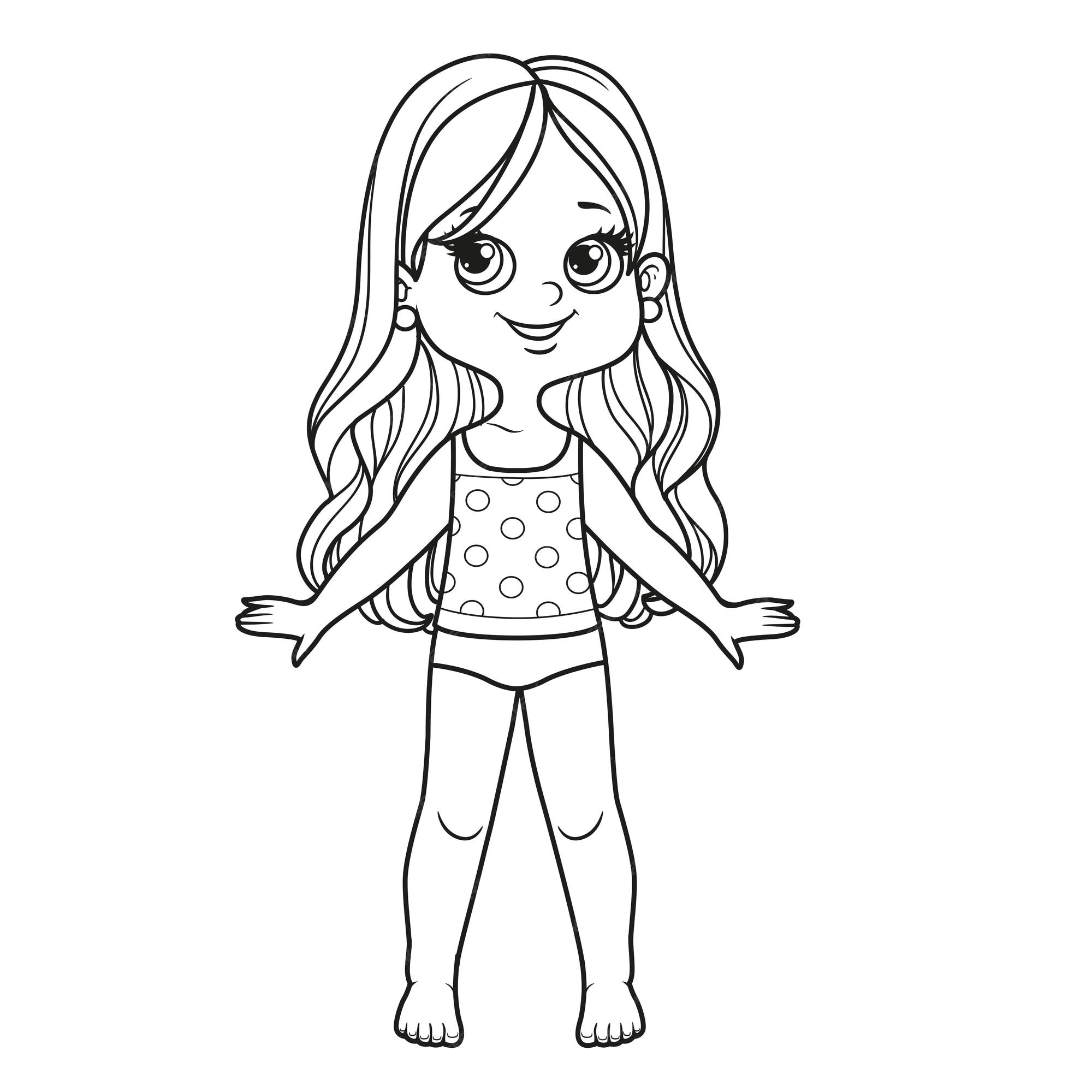 Premium vector cute cartoon girl with long curly hair dressed in underwear and barefoot outline for coloring on a white background