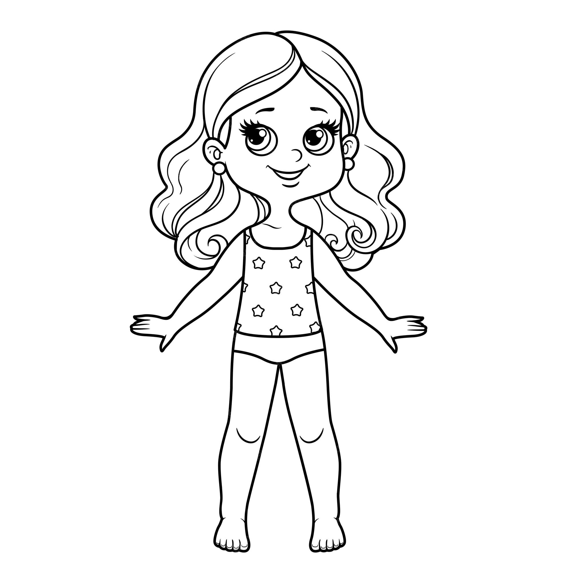 Premium vector cute cartoon girl dressed in underwear and barefoot outline for coloring on a white background