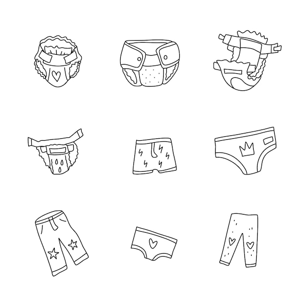 Premium vector baby diapers and child pants and underwear vector linear icon set