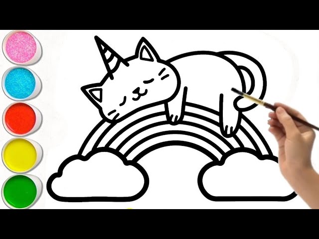 Rainbow cat unicorn drawing colouring and painting for kids toddlers child art