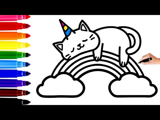 Cute unicorn cat sleepingð on rainbowð drawing painting and coloring for kids toddlers