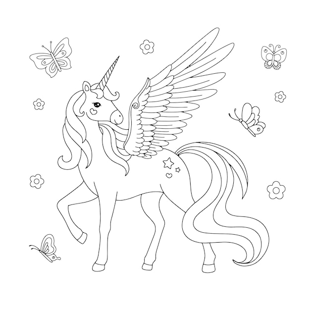Premium vector beautiful unicorn with butterfly drawing coloring page