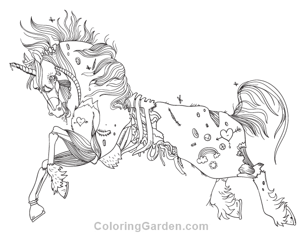 Zombie unicorn adult coloring page