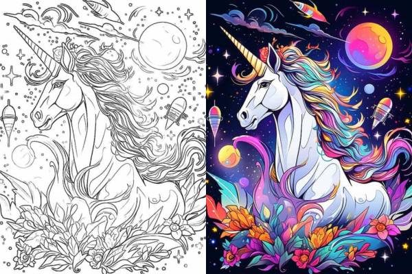 Magical unicorn coloring pages for kids and adults