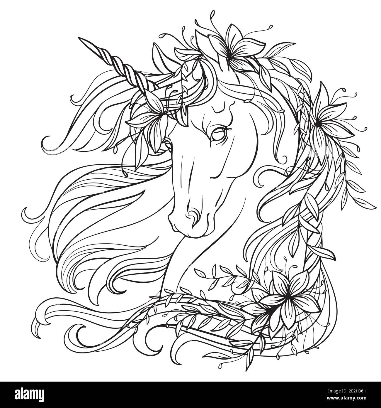 Drawing isolated unicorn with flowers in its long mane tangle style for adult coloring book tattoo t