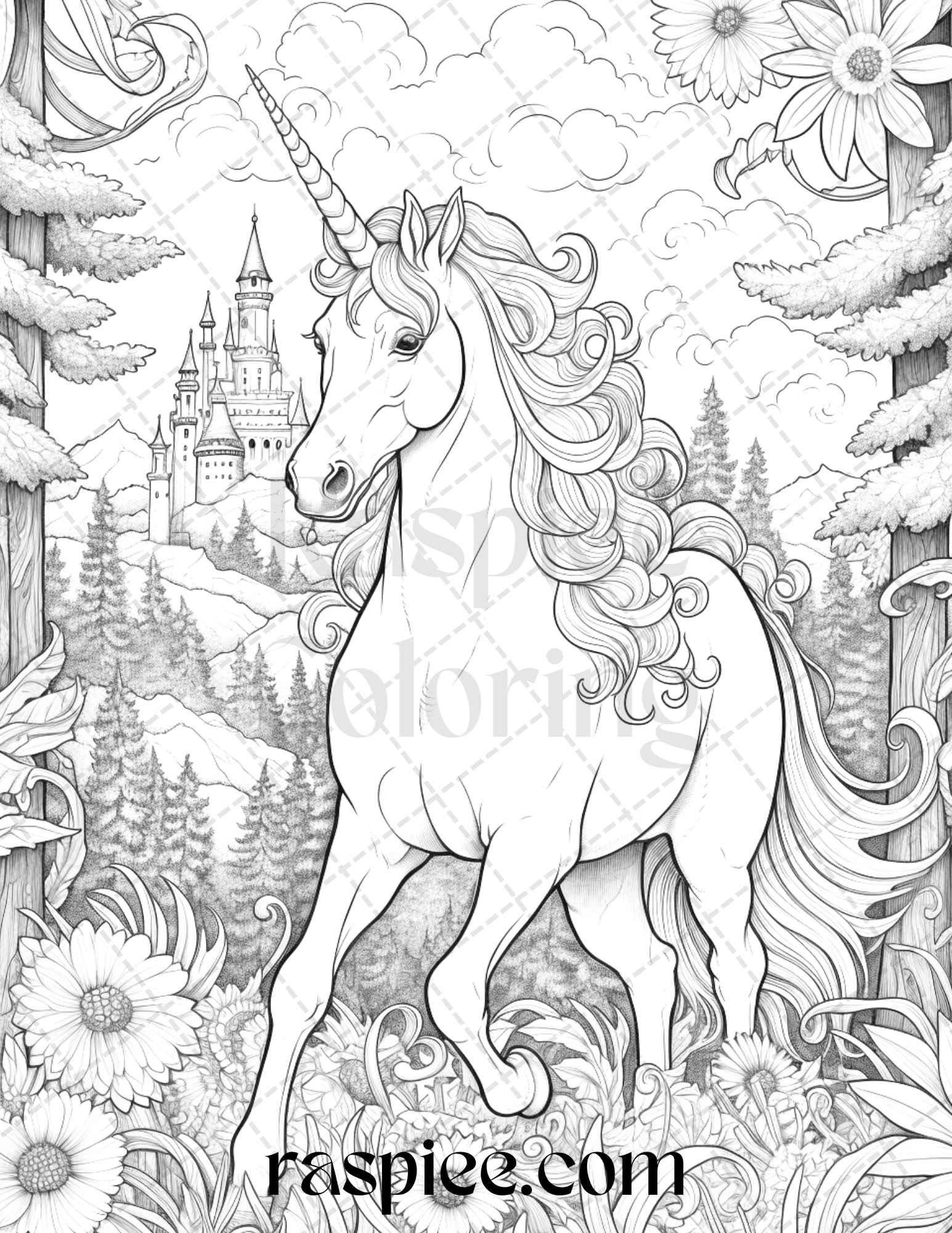 Enchanted unicorns grayscale coloring pages printable for adults p â coloring