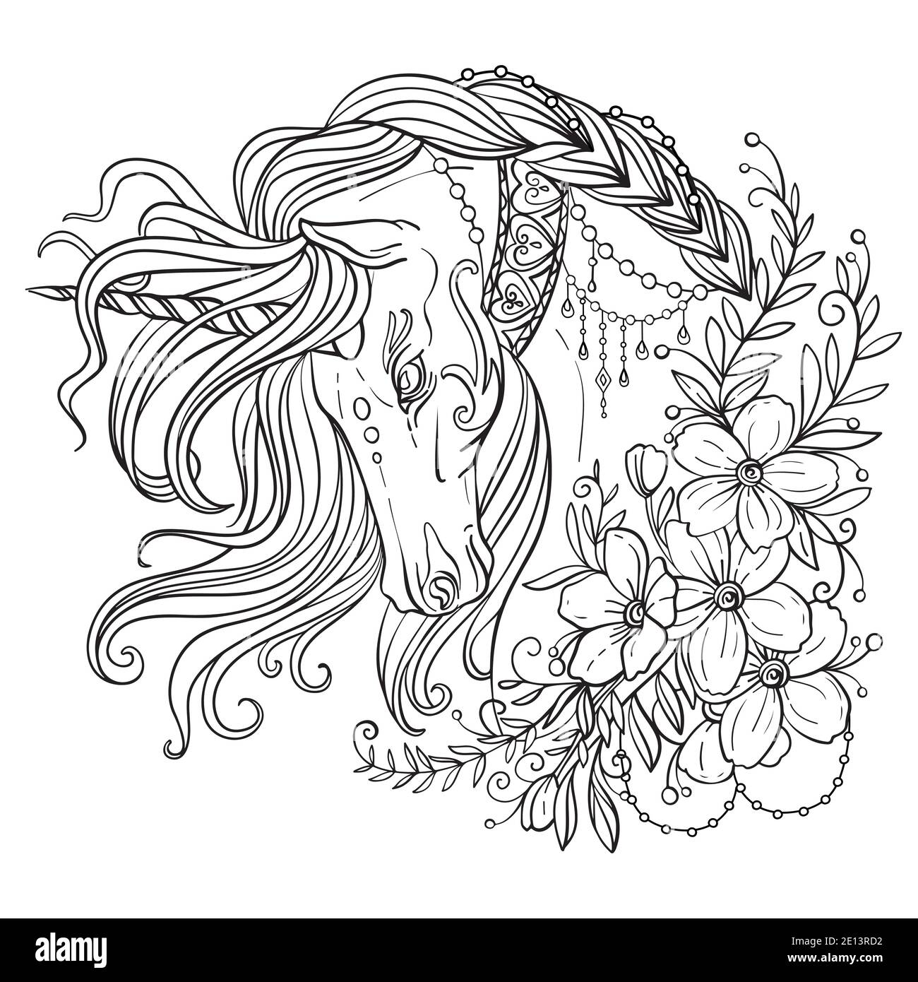 Drawing isolated unicorn with long mane and flowers tangle style for adult coloring book tattoo t