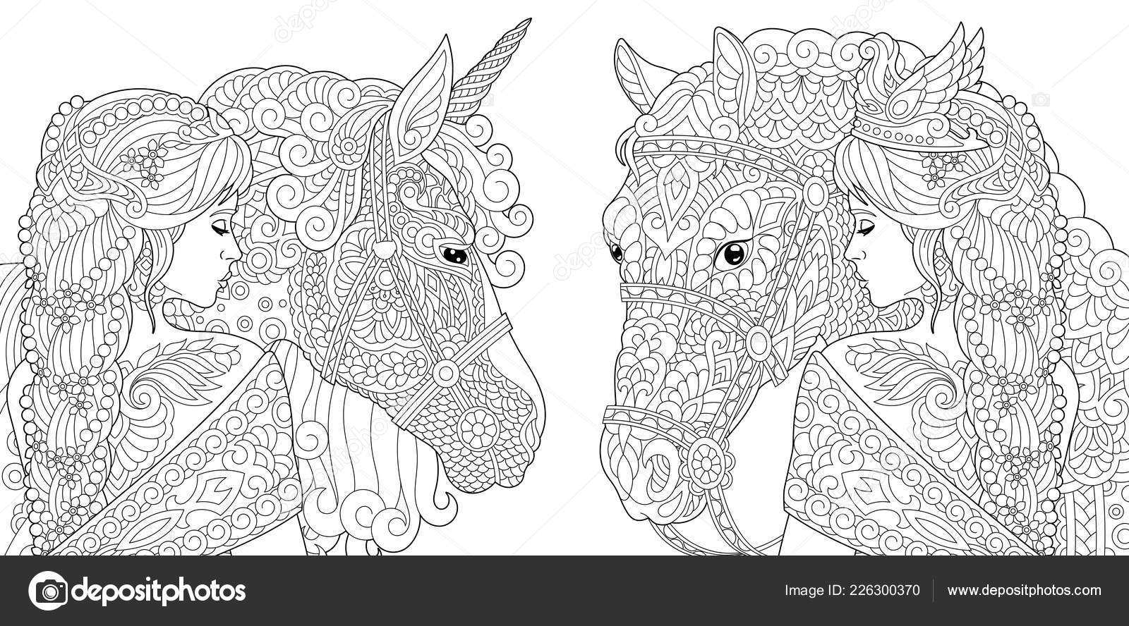 Coloring pages coloring book adults colouring pictures fantasy girl unicorn stock vector by sybirko