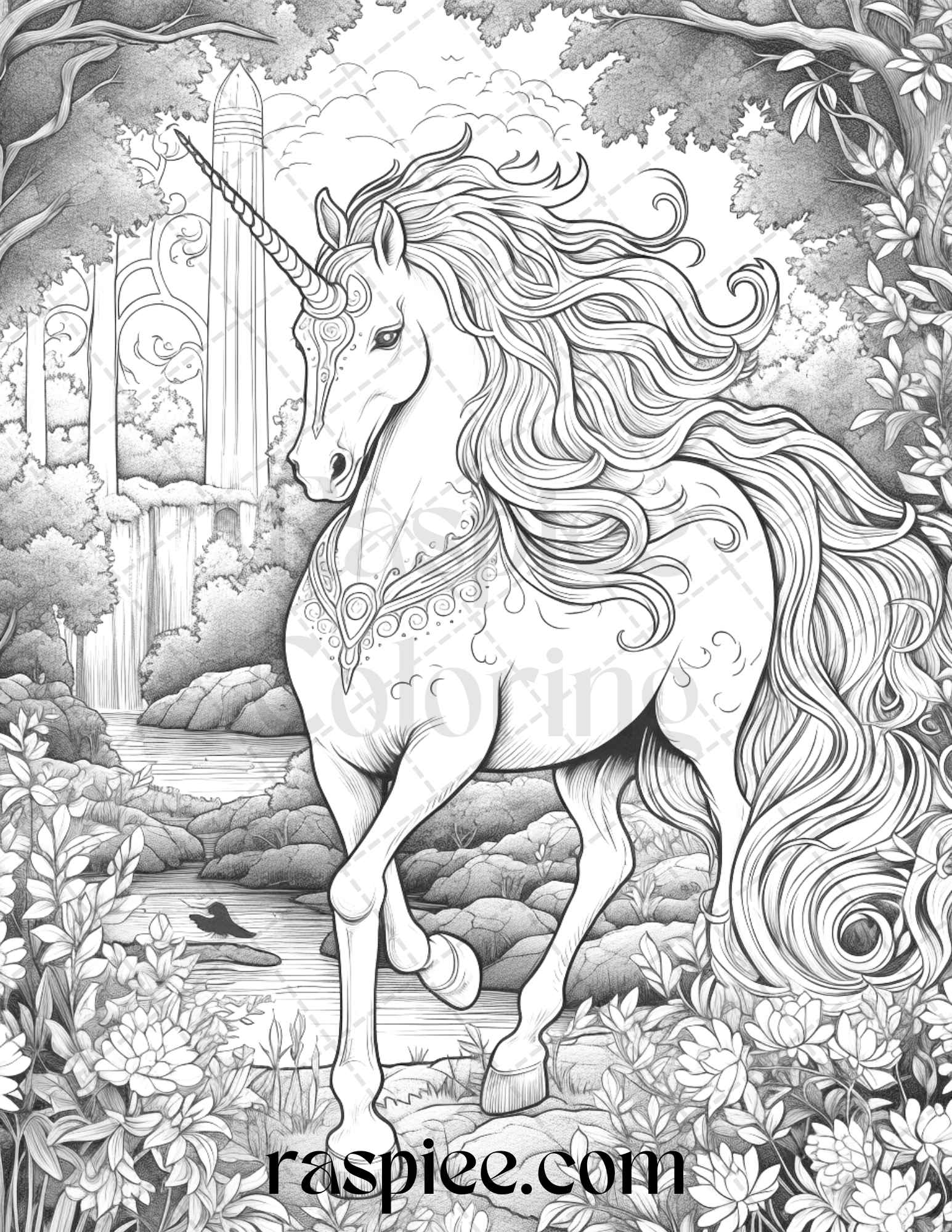 Enchanted unicorns grayscale coloring pages printable for adults p â coloring