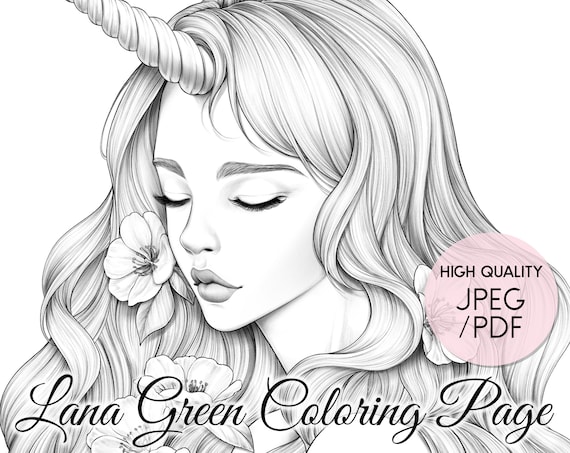 Unicorn coloring page for adults grayscale coloring page instant download lana green art jpeg pdf