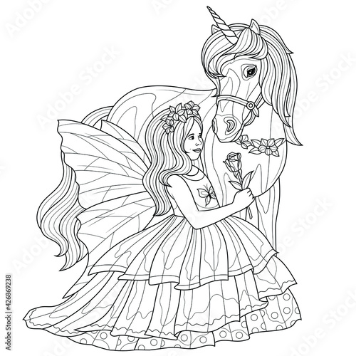 Fairy girl and unicorncoloring book antistress for children and adults illustration isolated on white backgroundzen