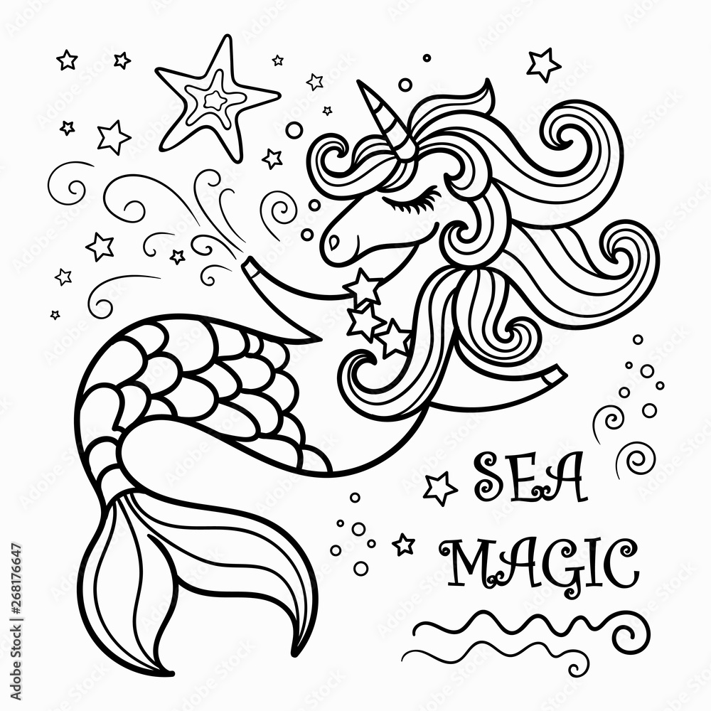 Cute mermaid unicorn coloring book vector