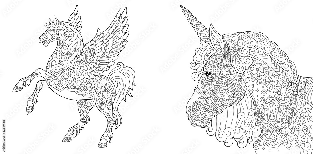 Coloring pages with fairytale unicorn and pegasus vector