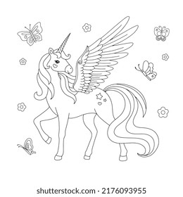 Beautiful unicorn pegasus drawing coloring page stock vector royalty free