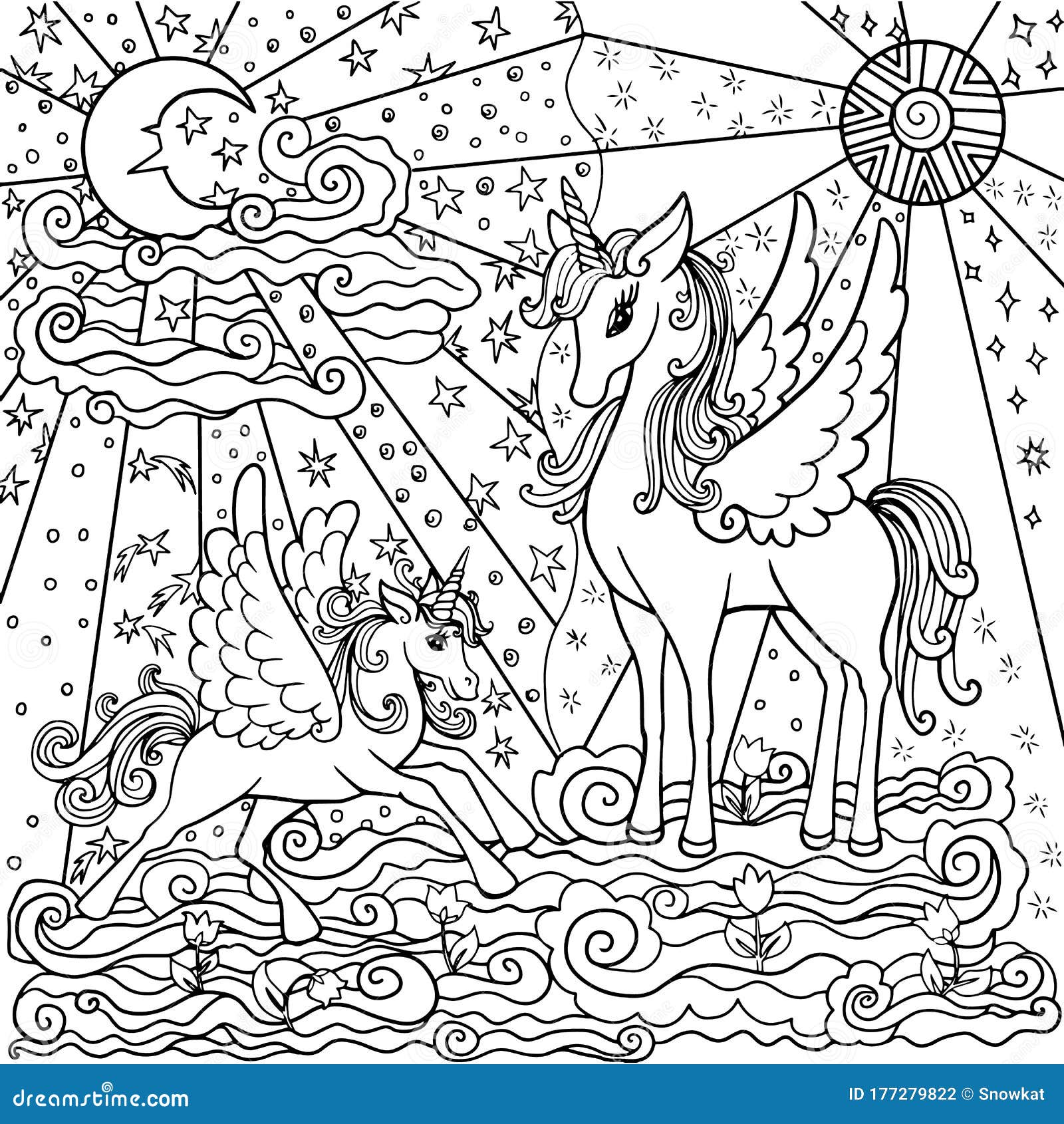 Page for antistress coloring pages withunicorns stock vector