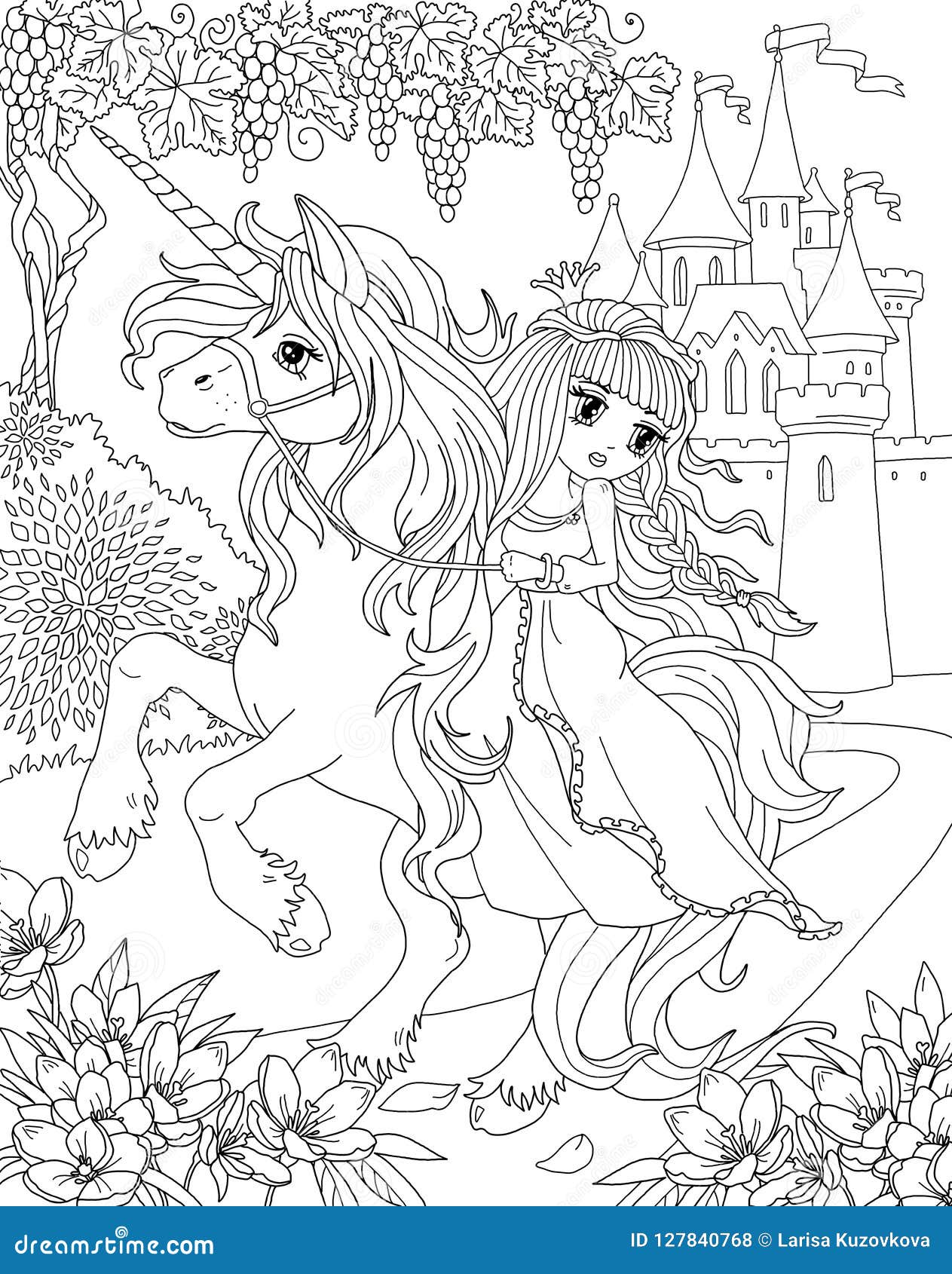 Coloring page the unicorn and princess stock illustration