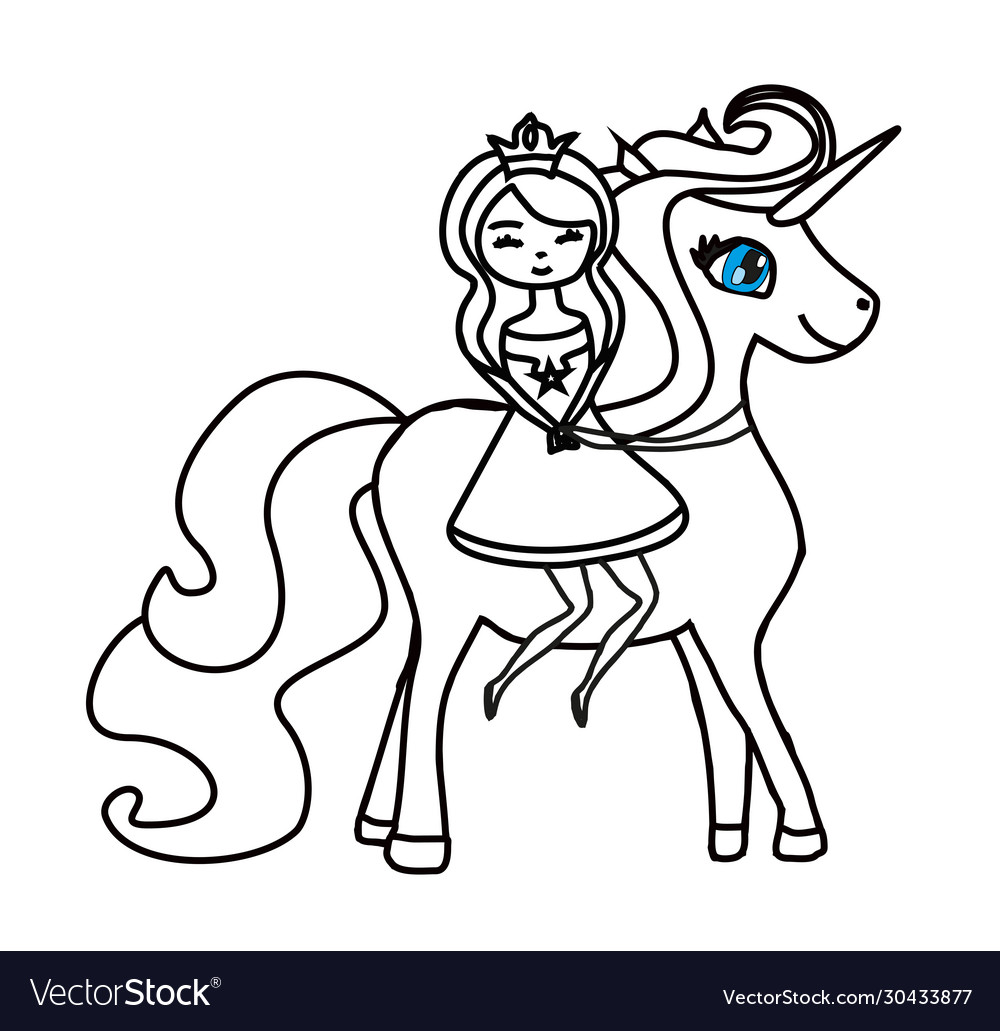 Beautiful young princess and unicorn coloring book