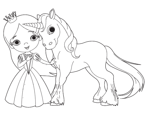 Unicorn and princess coloring page