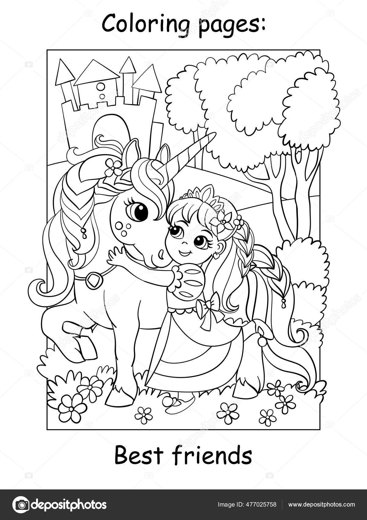 Coloring book page cute princess cuddles with a unicorn stock vector by alinart