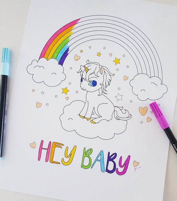 Printable baby unicorn rainbow coloring page fantasy digital download