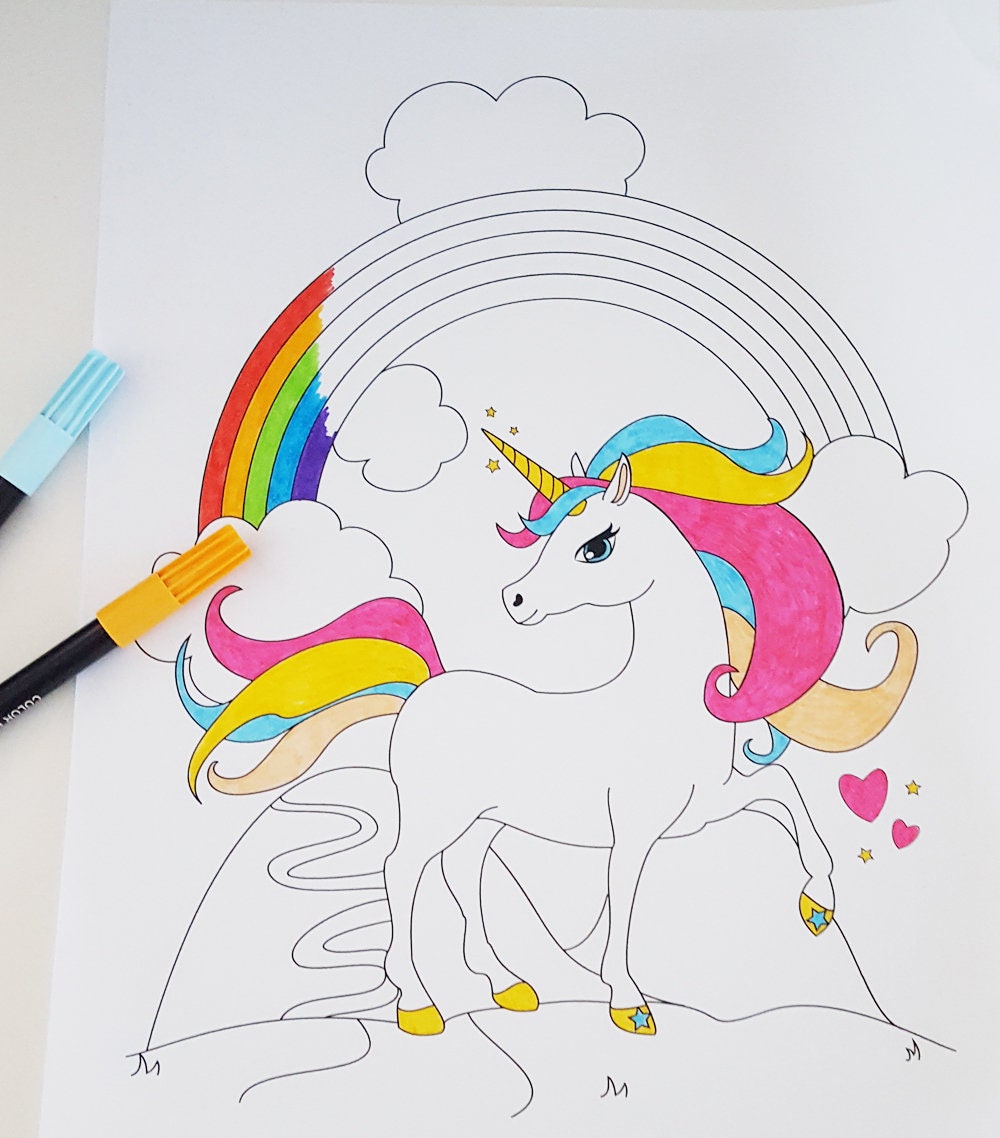 Printable unicorn and rainbow coloring page fantasy digital download download now