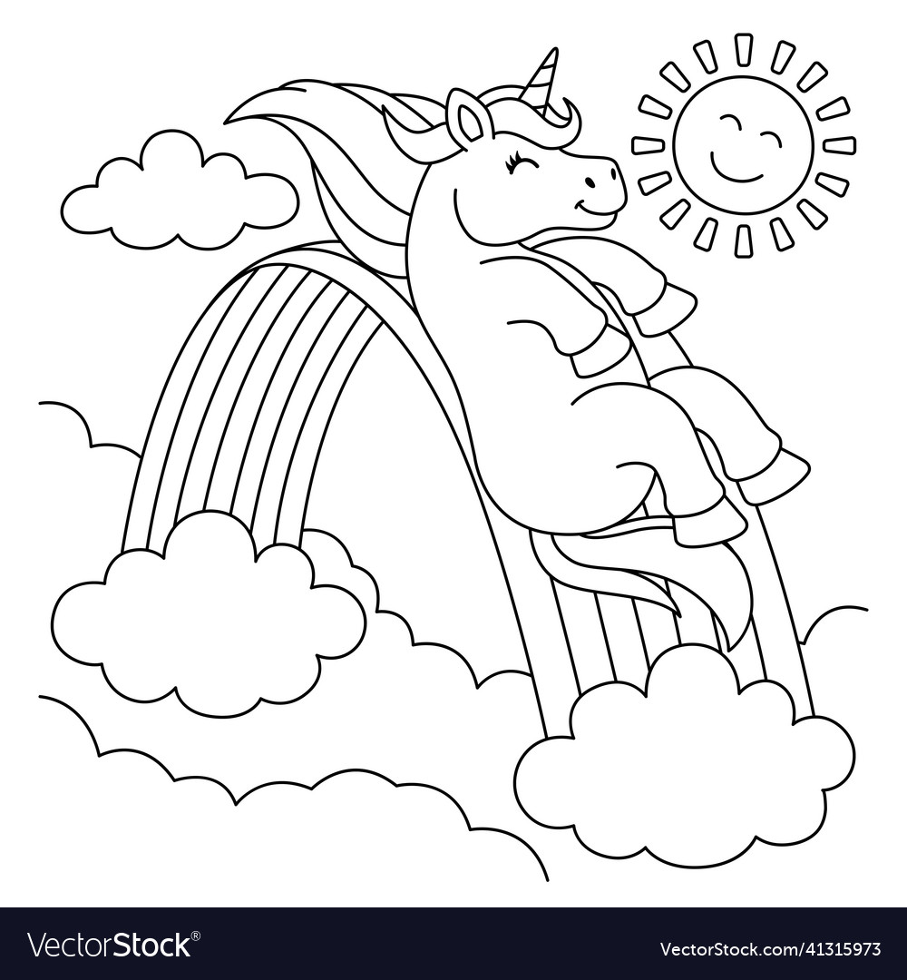 Unicorn sliding over the rainbow coloring page vector image