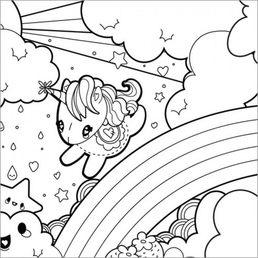 Kawaii unicorn and rainbow coloring page