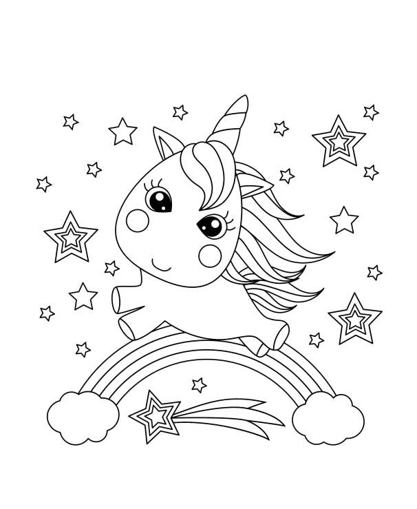 Fantastic unicorn and a rainbow in the cloud coloring page