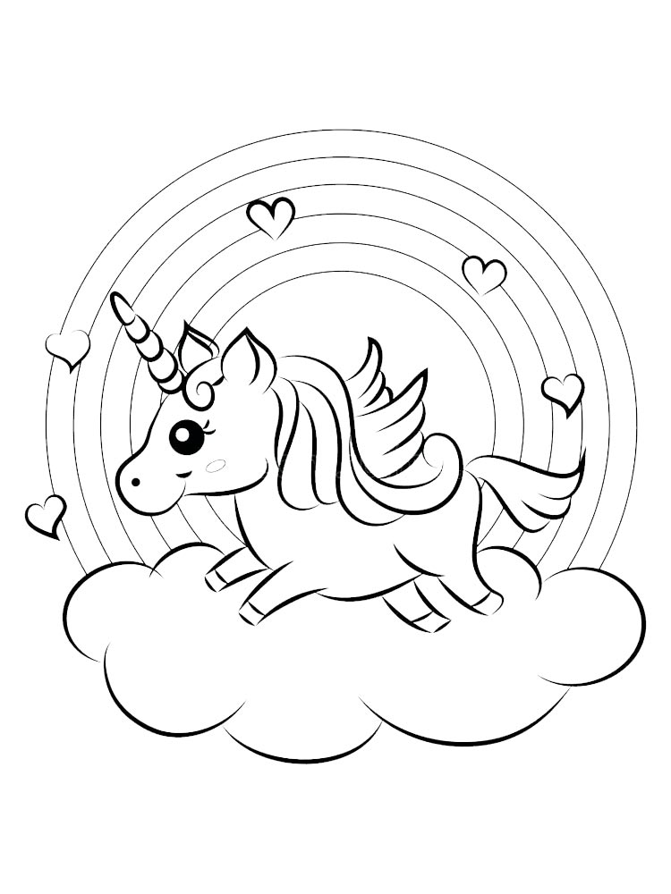 Admirable small unicorn and a rainbow in the cloud coloring page