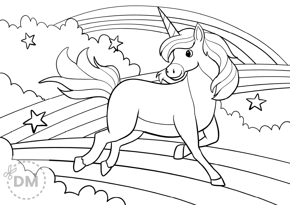 Unicorn on rainbow coloring page