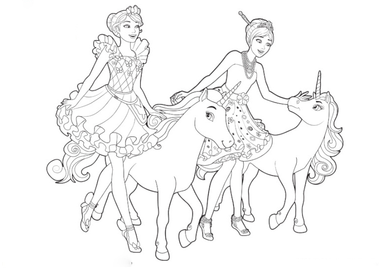 Barbie and unicorn coloring page