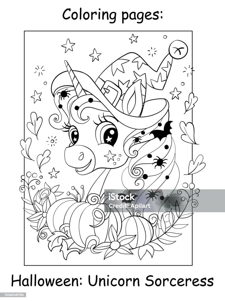 Coloring book page cute portrait of unicorn halloween stock illustration