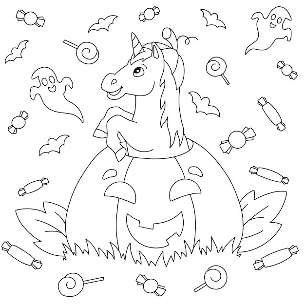 Premium vector funny unicorn jumping out of a pumpkin for halloween holiday coloring book page for kids