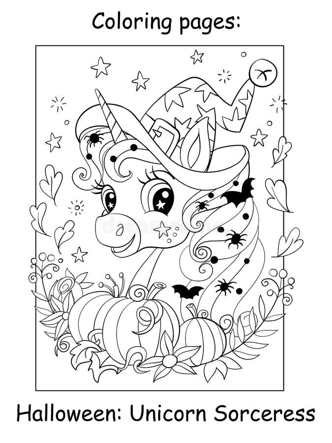 Coloring book page cute portrait of unicorn halloween stock vector