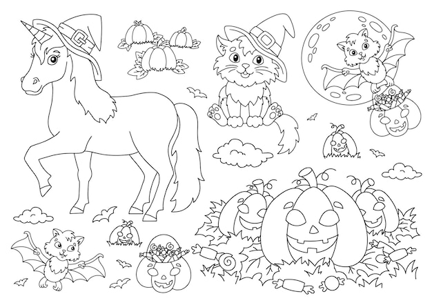 Premium vector unicorn in a hat cat bat pumpkin halloween theme coloring book page for kids