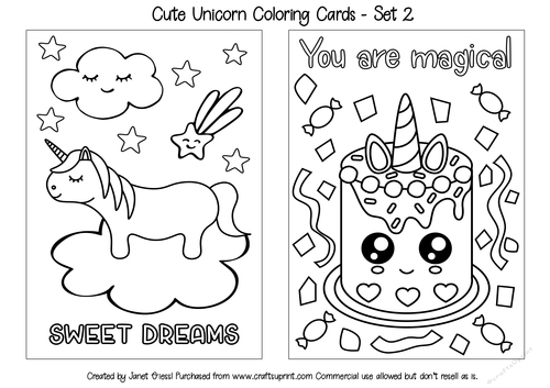 Cute unicorn coloring cards