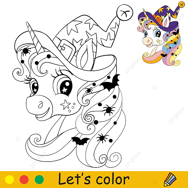 Witch hat vector hd png images head of unicorn in witches hat with spiders and bats in mane illustration pumpkin art png image for free download