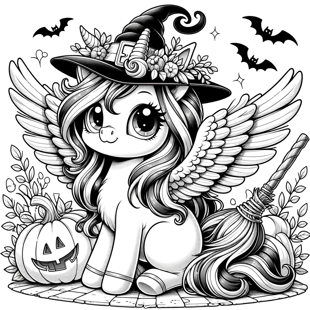 Unicorn coloring page with broomstick and halloween theme