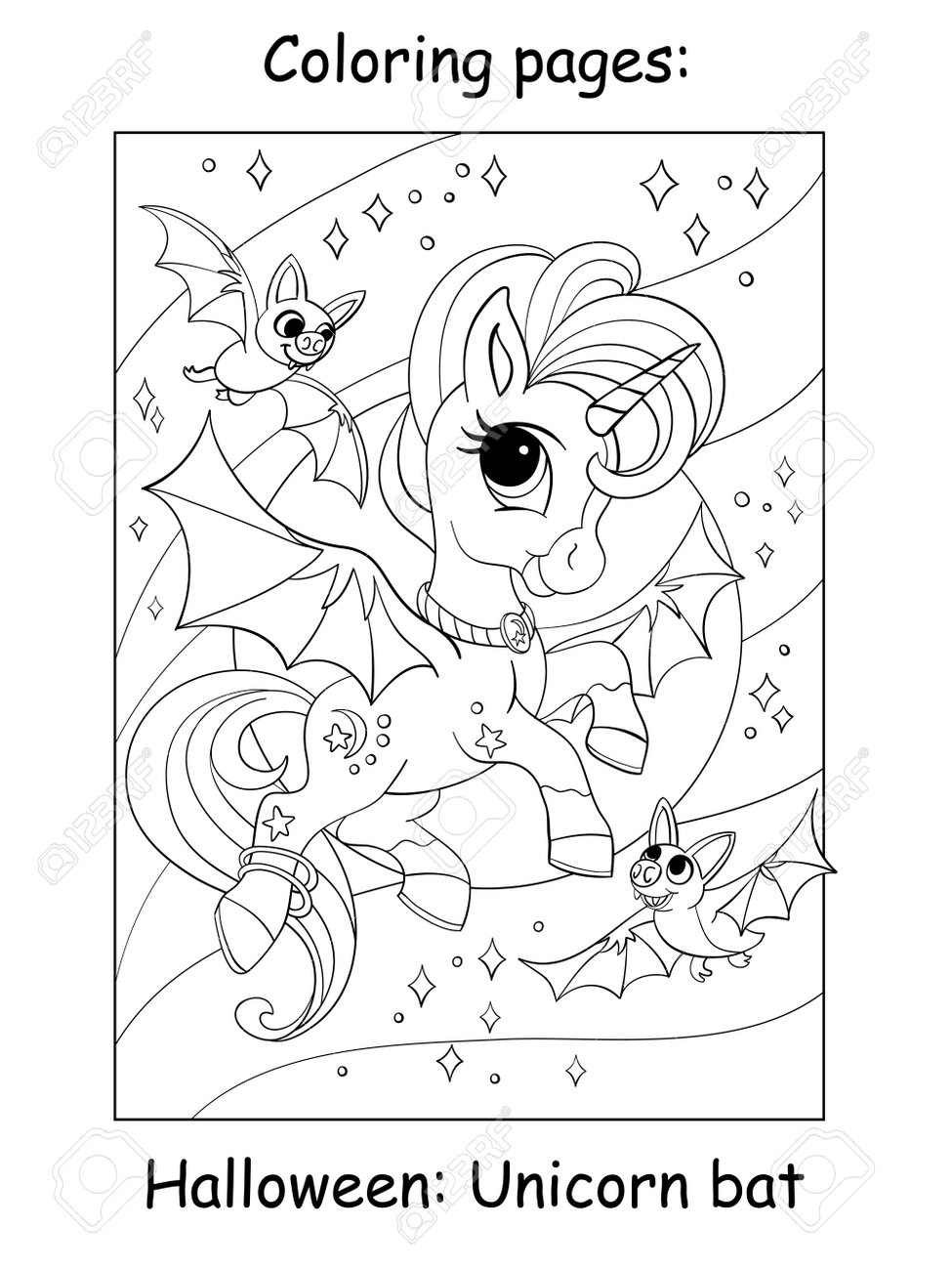 Cute unicorn with wings flies in the night starry sky with bats halloween concept coloring book page for children vector cartoon illustration for coloring book education print game decor puzzle design royalty