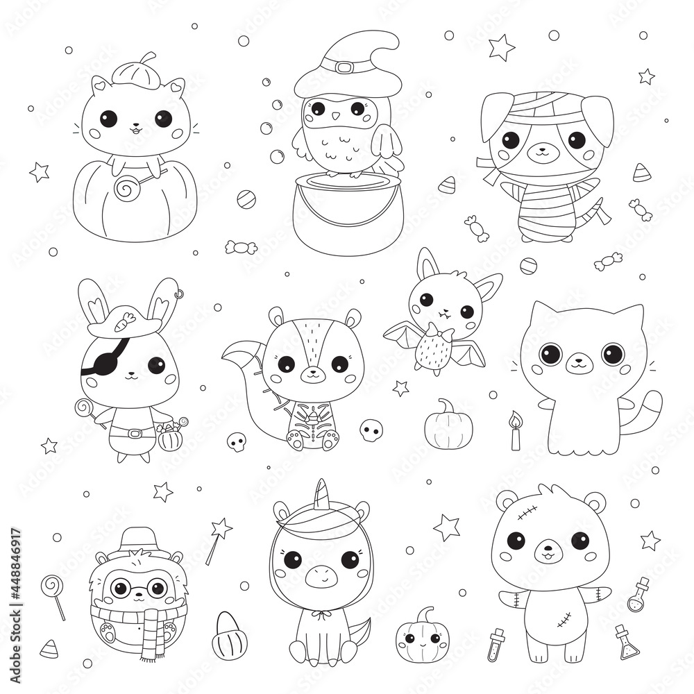 Vector set of animals in halloween costumes coloring page for preschool children cute kawaii cartoon characters black and white illustration cat in pumpkin bunny pirate bat vampire bear zombie vector