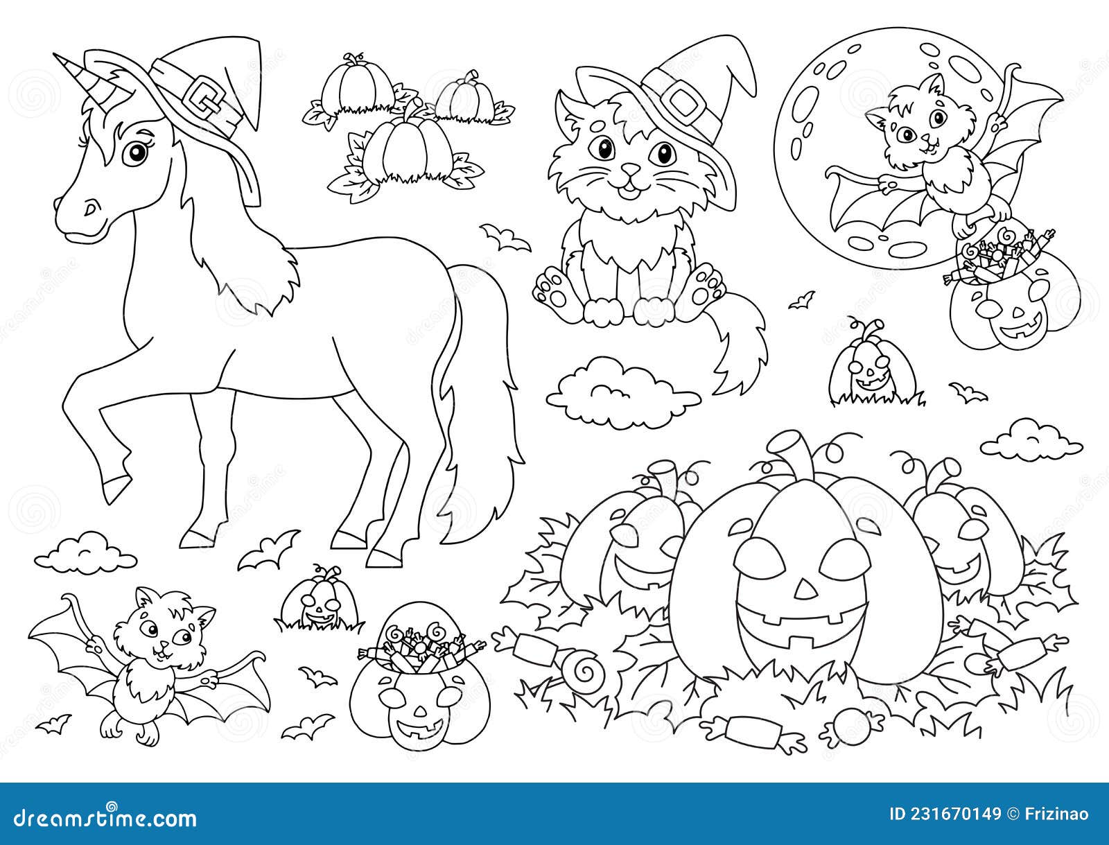 Unicorn in a hat cat bat pumpkin halloween theme coloring book page for kids cartoon style stock vector