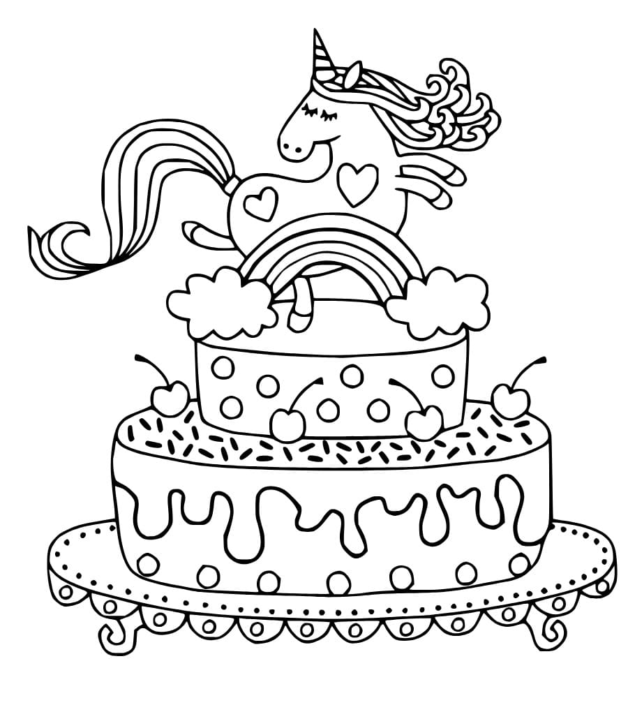 Unicorn cake with rainbow coloring page