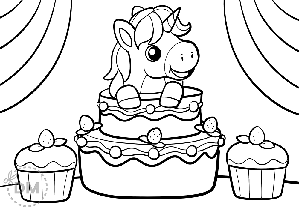 Cake unicorn coloring page for kids to color and decorate