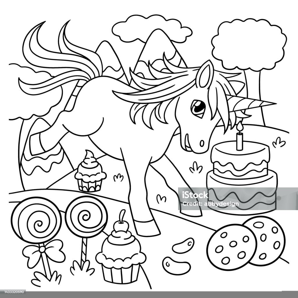 Unicorn in candy land coloring page for kids stock illustration