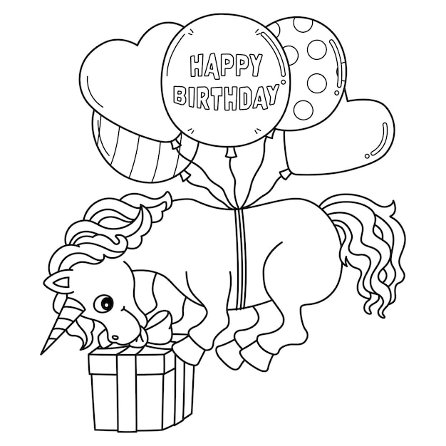 Premium vector a cute and funny coloring page of a happy birthday unicorn provides hours of coloring fun for children color this page is very easy suitable for little kids and