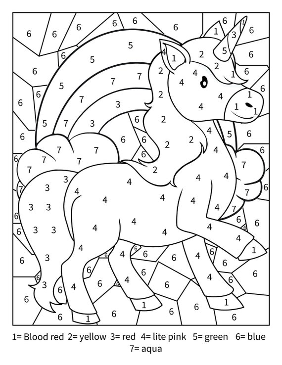 Printable unicorn color by number activity page for toddlers kids and adults